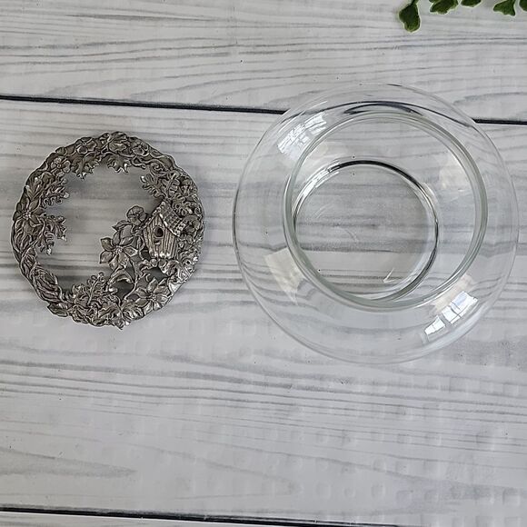 Trinket Jewelry Dish Diamond Cut Pewter And Glass Floral Birdhouse Design - Picture 5 of 8